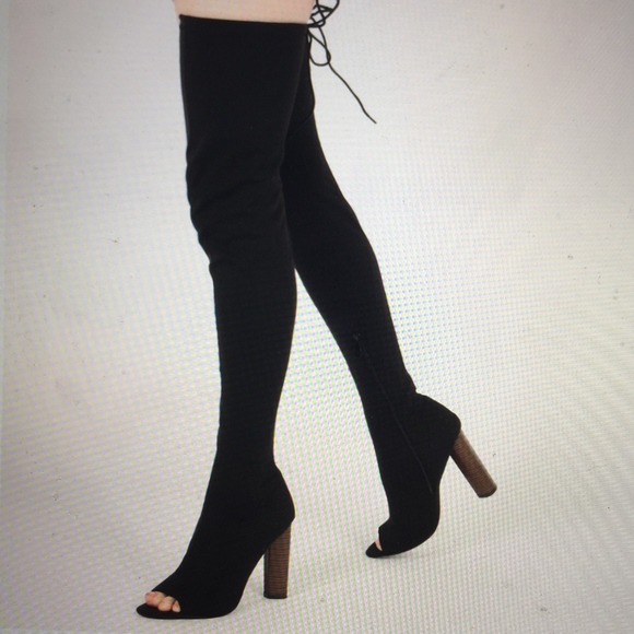 Public Desire Shoes - CARISSA PEEPTOE KNITTED LONG BOOTS IN BLACK